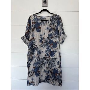 Rosemarie Women’s Medium Blue Striped Floral Dress Lagenlook Artsy